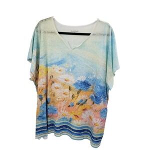 Nothstyle Short Sleeve Scenic Knit Top Womens 2x Beach River Flowers Water